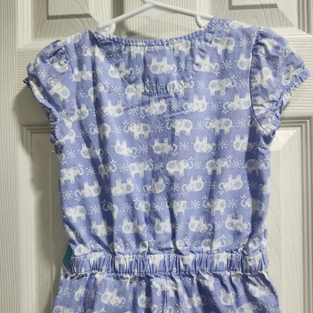 Gymboree Girls Romper‎ 5T Purple Elephant Print 100% Cotton Teal Belt Pockets